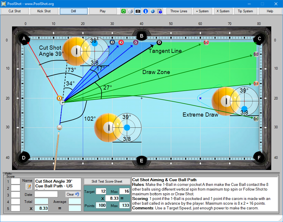 Cut Shot Angle 39° Cue Ball Path - US Pool